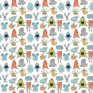 Cute monsters seamless pattern. Cartoon monsters background. Vector illustr.. 스톡 일러스트