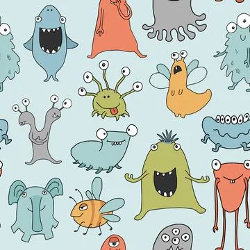 Cute monsters seamless pattern. Cartoon monsters background. Vector illustr.. Illustrazione stock