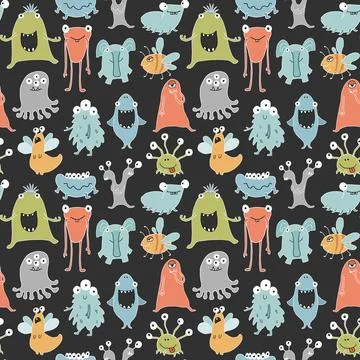 Cute monsters seamless pattern. Cartoon monsters background. Vector illustr.. 스톡 일러스트