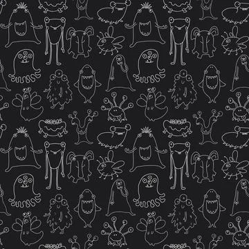 Cute monsters seamless pattern. Cartoon monsters background. Vector illustr.. Illustrazione stock