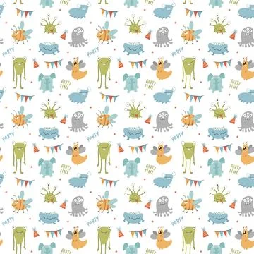 Cute monsters seamless pattern. Cartoon monsters background. Vector illustr.. Stock Illustration