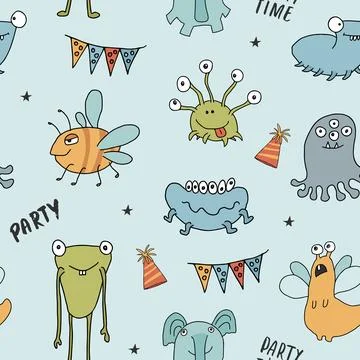 Cute monsters seamless pattern. Cartoon monsters background. Vector illustr.. Stockillustratie