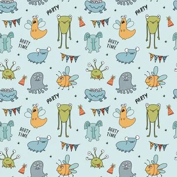 Cute monsters seamless pattern. Cartoon monsters background. Vector illustr.. Stock Illustration
