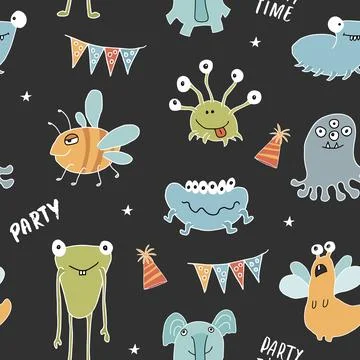 Cute monsters seamless pattern. Cartoon monsters background. Vector illustr.. 库存插图