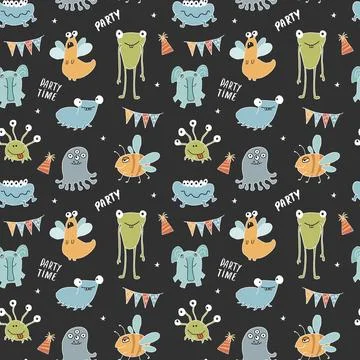 Cute monsters seamless pattern. Cartoon monsters background. Vector illustr.. 库存插图