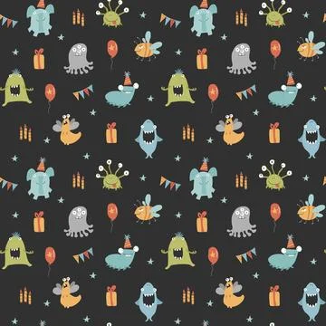 Cute monsters seamless pattern. Cartoon monsters background. Vector illustr.. 스톡 일러스트