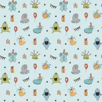 Cute monsters seamless pattern. Cartoon monsters background. Vector illustr.. 스톡 일러스트