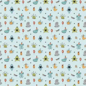 Cute monsters seamless pattern. Cartoon monsters background. Vector illustr.. 库存插图