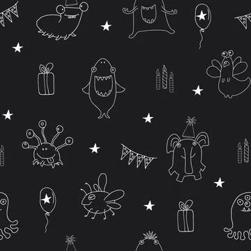 Cute monsters seamless pattern. Cartoon monsters background. Vector illustr.. Illustrazione stock
