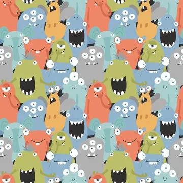 Cute monsters seamless pattern. Cartoon monsters background. Vector illustr.. Illustrazione stock
