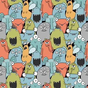 Cute monsters seamless pattern. Cartoon monsters background. Vector illustr.. Stock Illustration