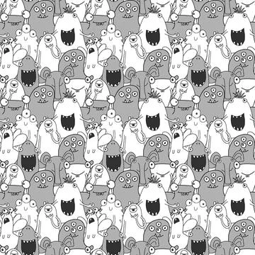 Cute monsters seamless pattern. Cartoon monsters background. Vector illustr.. Illustrazione stock