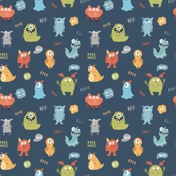 Cute monsters seamless pattern. Cartoon monsters background. Vector illustr.. 스톡 일러스트