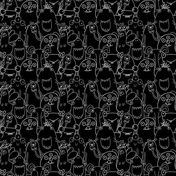 Cute monsters seamless pattern. Cartoon monsters background. Vector illustr.. Illustrazione stock