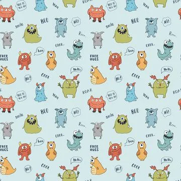 Cute monsters seamless pattern. Cartoon monsters background. Vector illustr.. Illustrazione stock