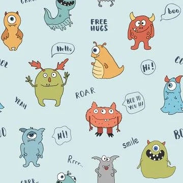 Cute monsters seamless pattern. Cartoon monsters background. Vector illustr.. 스톡 일러스트