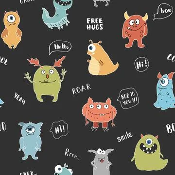 Cute monsters seamless pattern. Cartoon monsters background. Vector illustr.. 스톡 일러스트