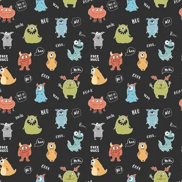 Cute monsters seamless pattern. Cartoon monsters background. Vector illustr.. 스톡 일러스트