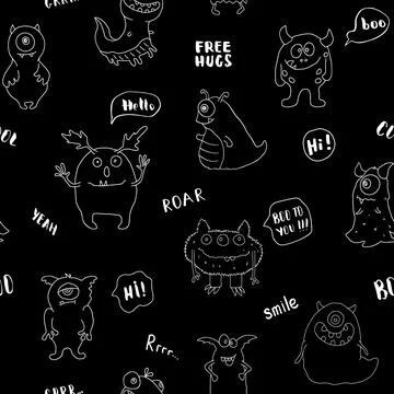 Cute monsters seamless pattern. Cartoon monsters background. Vector illustr.. Stock Illustration