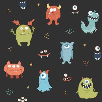 Cute monsters seamless pattern. Cartoon monsters background. Vector illustr.. Illustrazione stock