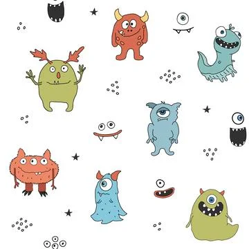 Cute monsters seamless pattern. Cartoon monsters background. Vector illustr.. Illustrazione stock