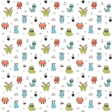 Cute monsters seamless pattern. Cartoon monsters background. Vector illustr.. 스톡 일러스트