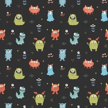 Cute monsters seamless pattern. Cartoon monsters background. Vector illustr.. 库存插图