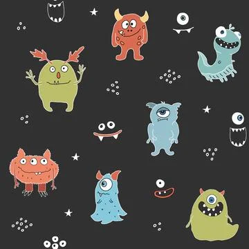 Cute monsters seamless pattern. Cartoon monsters background. Vector illustr.. Illustrazione stock