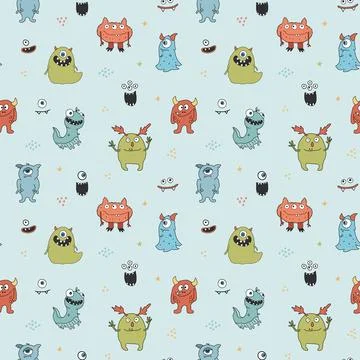 Cute monsters seamless pattern. Cartoon monsters background. Vector illustr.. 스톡 일러스트