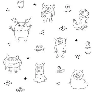 Cute monsters seamless pattern. Cartoon monsters background. Vector illustr.. 库存插图