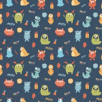Cute monsters seamless pattern. Cartoon monsters background. Vector illustr.. Stock Illustration