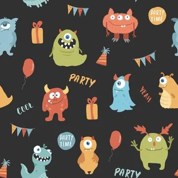 Cute monsters seamless pattern. Cartoon monsters background. Vector illustr.. 스톡 일러스트
