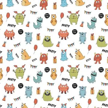 Cute monsters seamless pattern. Cartoon monsters background. Vector illustr.. 库存插图