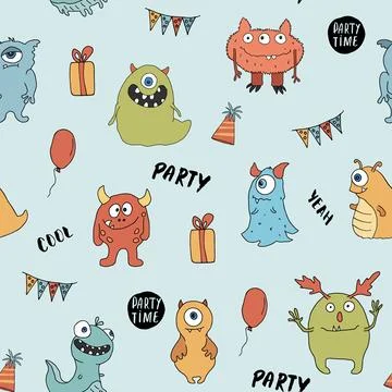 Cute monsters seamless pattern. Cartoon monsters background. Vector illustr.. Illustrazione stock