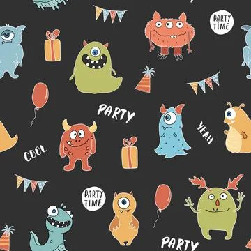 Cute monsters seamless pattern. Cartoon monsters background. Vector illustr.. 스톡 일러스트