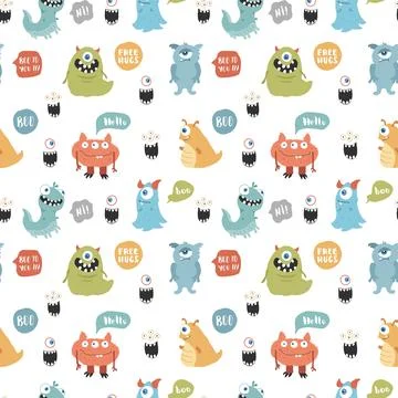 Cute monsters seamless pattern. Cartoon monsters background. Vector illustr.. Stock Illustration