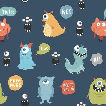 Cute monsters seamless pattern. Cartoon monsters background. Vector illustr.. 스톡 일러스트