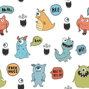 Cute monsters seamless pattern. Cartoon monsters background. Vector illustr.. Illustrazione stock