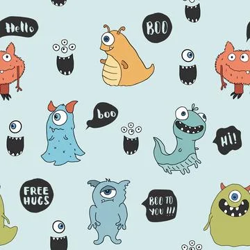 Cute monsters seamless pattern. Cartoon monsters background. Vector illustr.. Stock Illustration