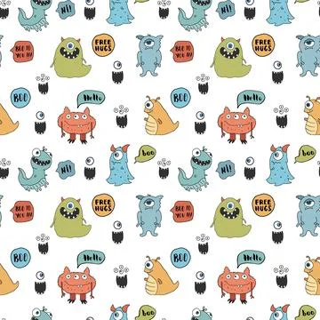 Cute monsters seamless pattern. Cartoon monsters background. Vector illustr.. Illustrazione stock
