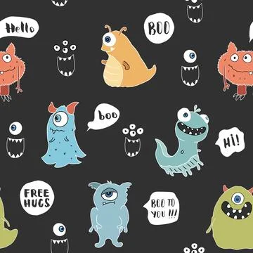 Cute monsters seamless pattern. Cartoon monsters background. Vector illustr.. Illustrazione stock