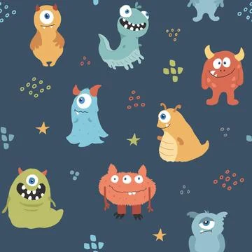 Cute monsters seamless pattern. Cartoon monsters background. Vector illustr.. 스톡 일러스트