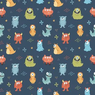 Cute monsters seamless pattern. Cartoon monsters background. Vector illustr.. 库存插图