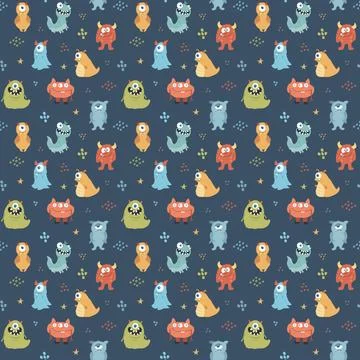 Cute monsters seamless pattern. Cartoon monsters background. Vector illustr.. Stock Illustration