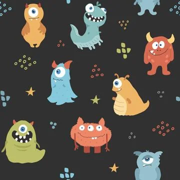 Cute monsters seamless pattern. Cartoon monsters background. Vector illustr.. Stock Illustration
