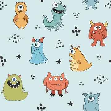 Cute monsters seamless pattern. Cartoon monsters background. Vector illustr.. 스톡 일러스트