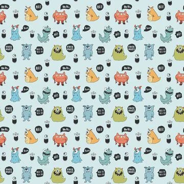Cute monsters seamless pattern. Cartoon monsters background. Vector illustr.. Illustrazione stock