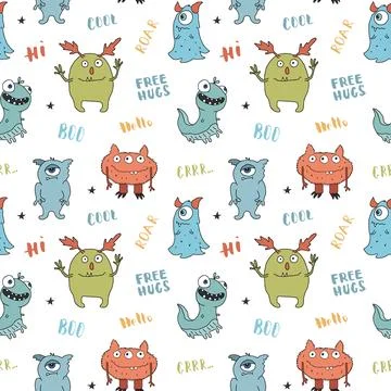 Cute monsters seamless pattern. Cartoon monsters background. Vector illustr.. 스톡 일러스트