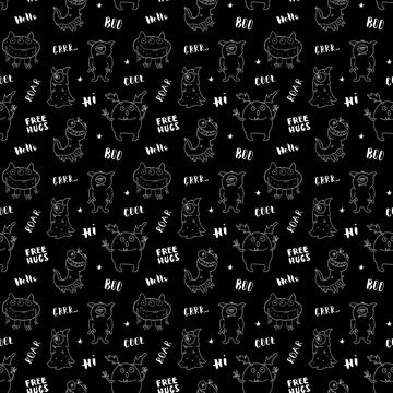 Cute monsters seamless pattern. Cartoon monsters background. Vector illustr.. 스톡 일러스트