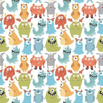 Cute monsters seamless pattern. Cartoon monsters background. Vector illustr.. 스톡 일러스트